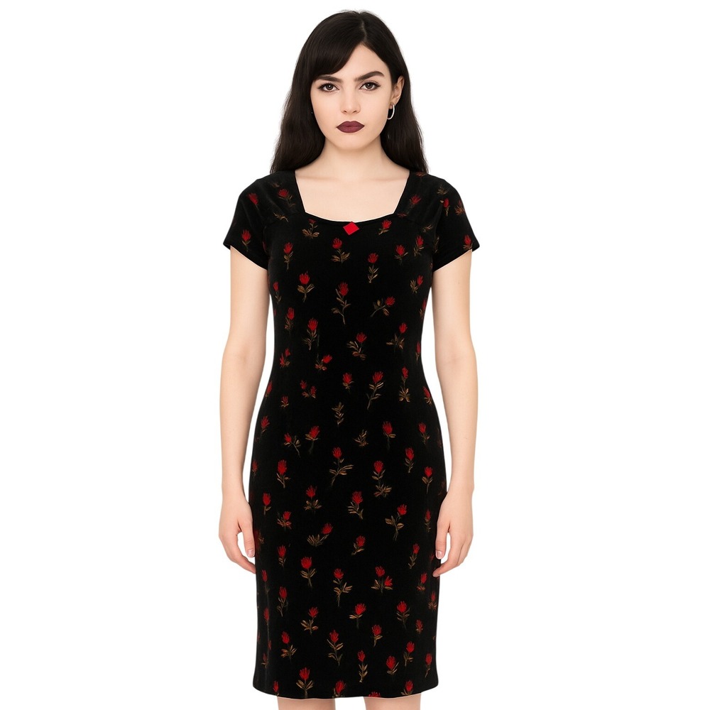 L.A. CONDUCT Velvet Rose Print Dress Short Sleeve Black Floral‎ Wednesday Addams